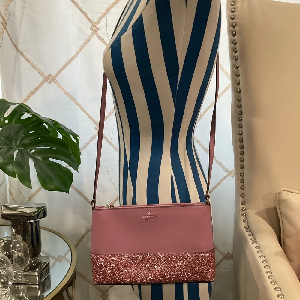 KATE SPADE NY RAMEY GRETA SAFFIANO LEATHER‎ GLITTER SMALL PINK PEONY CROSSBODY